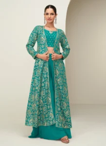 fashion designing agency teal green chinon silk zari embroidered sequins indowestern jacket palazzo set iwsuscc584910476 u